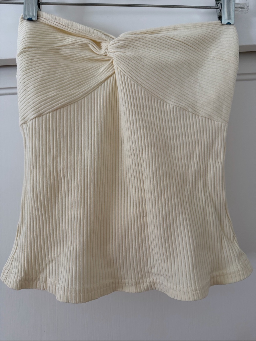 Cream Ribbed Twist-Front Strapless Top-Small - Picture 2 of 3